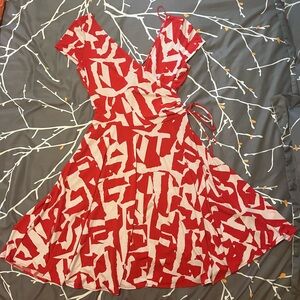 Red & White Faux Wrap Dress